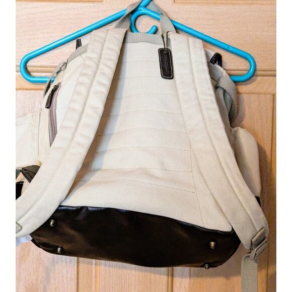 Eddie Bauer Beige Canvas Diaper Backpack With Leather Bottom & Multiple Pockets - Picture 2 of 9